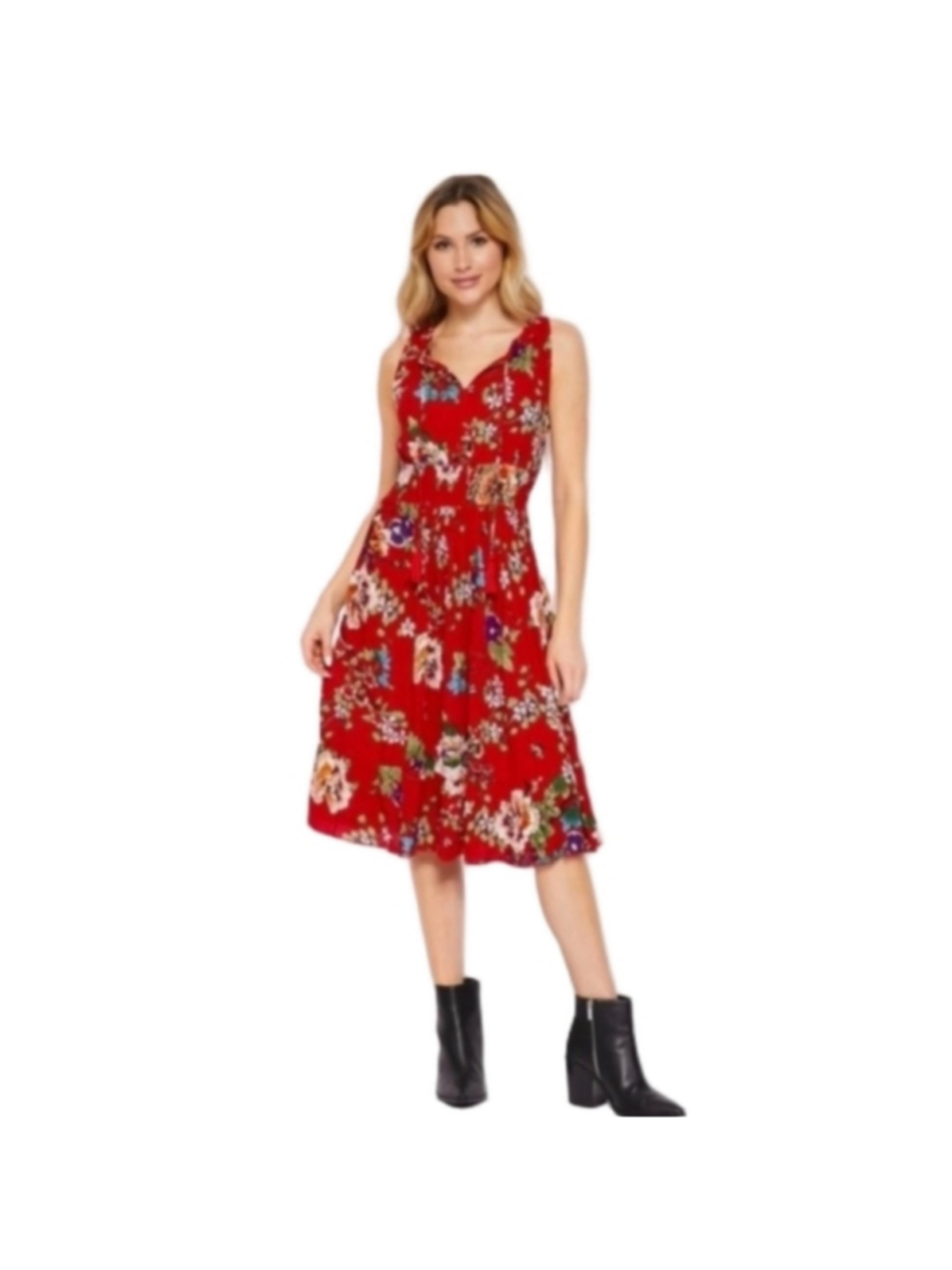 Bila Red Floral Midi Dress Size XXL tassle summer bloomcore Cottagecore